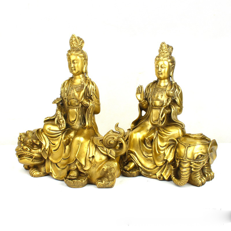 Art Craft Elephant - พระพุทธรูปมัญชุศรีสมันตภัทรพร้อมสิงโตเขียวและช้างขาว ของตกแต่งบ้าน งานฝีมือโลหะทองเหลือง