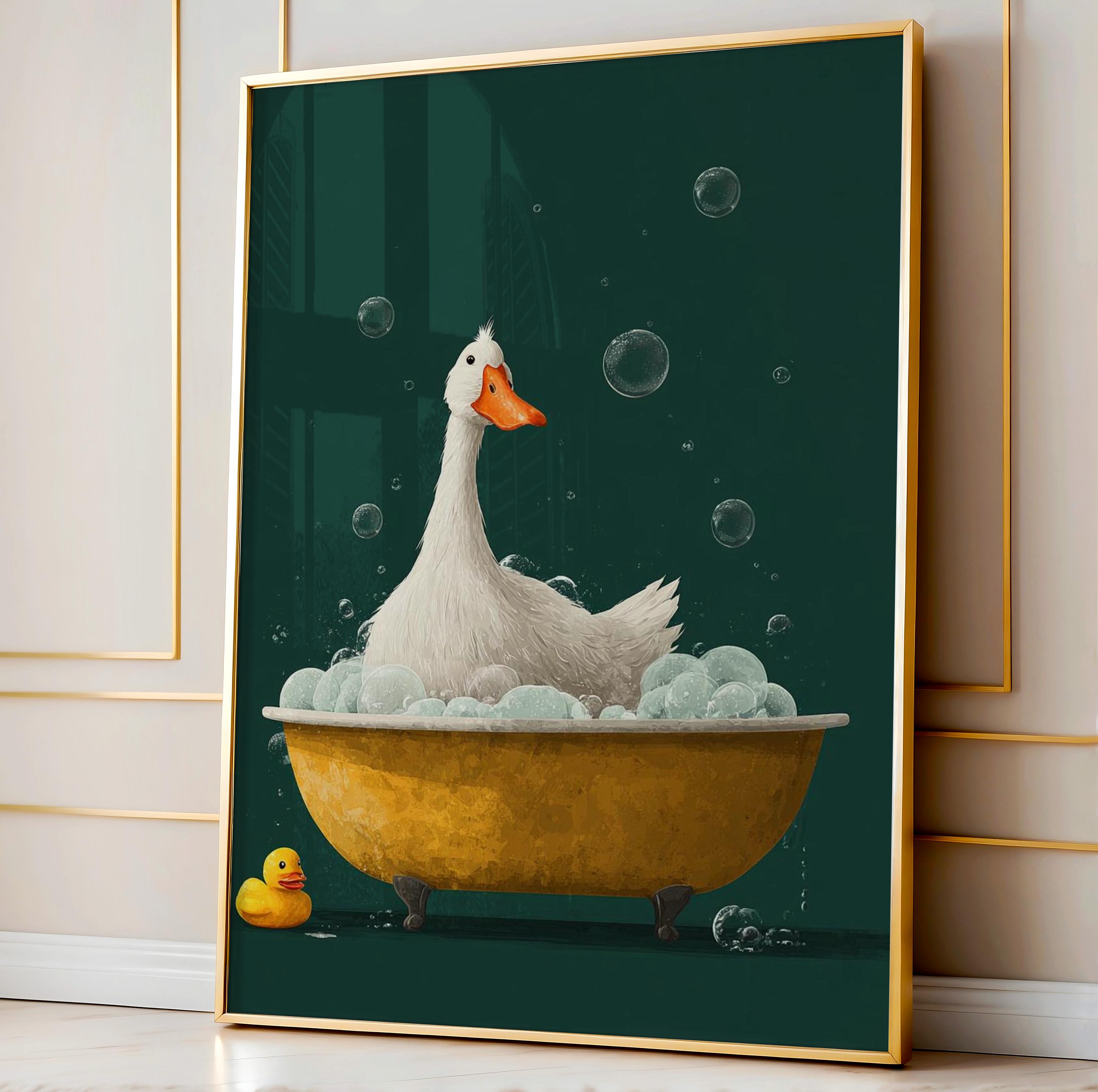 Art Craft Love - (ภาพวาดบนผืนผ้าใบ 2 มิติ) โปสเตอร์ศิลปะการ์ตูนห่านน่ารักกำลังอาบน้ำและแปรงฟัน สีเขียวสดใส ภาพวาดสัตว์น่ารักบนผืนผ้าใบ