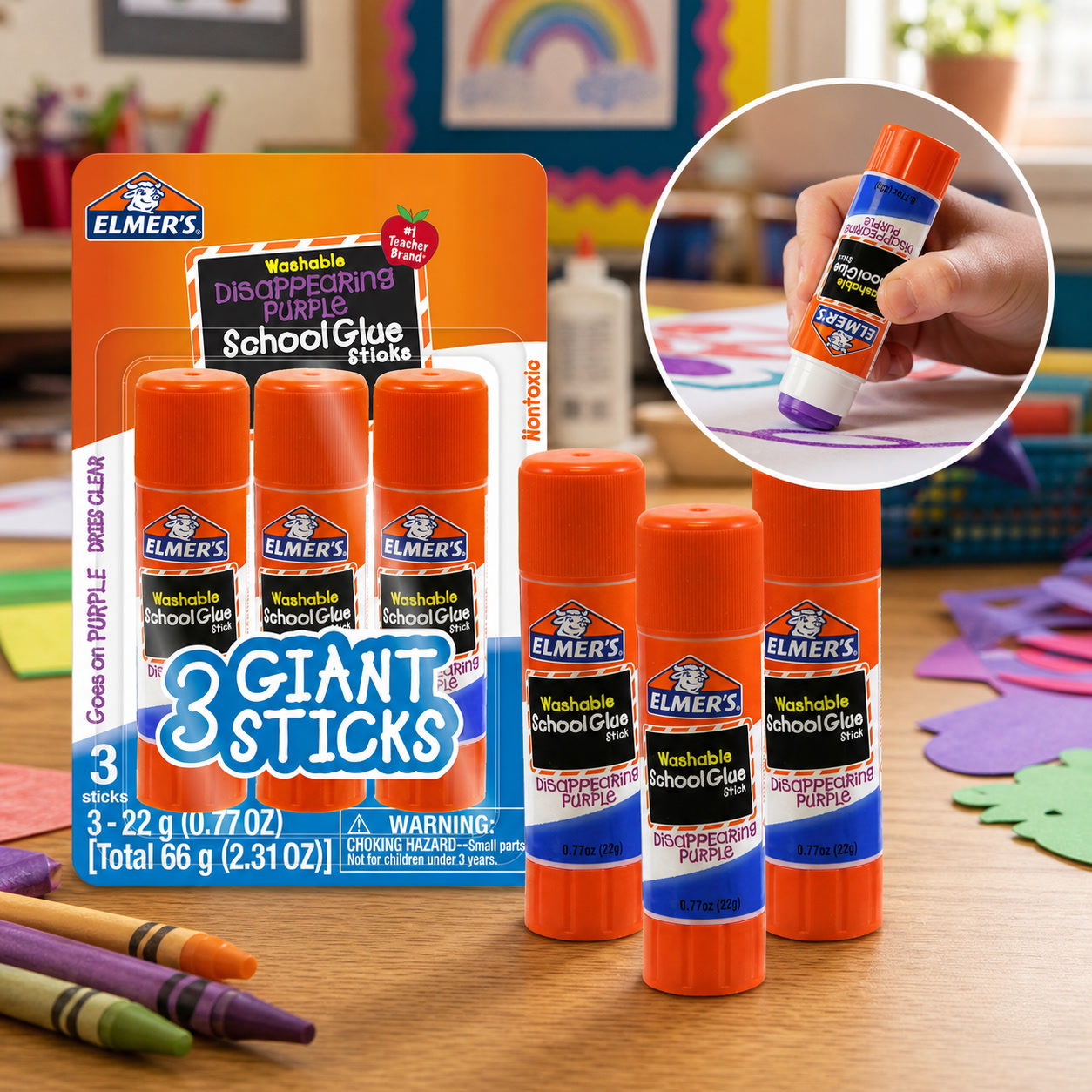 Art Craft Jumbo - กาวแท่งสีม่วงแบบล้างออกได้ 3 ชิ้น ขนาดใหญ่พิเศษ สำหรับงานศิลปะในห้องเรียน อุปกรณ์สำนักงาน